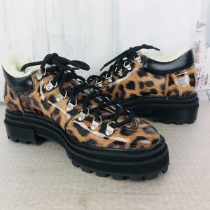 Schutz Lucille Vernizes Leopard Faux Sherling Lined Lace Up Booties